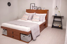 Modern bedroom wood decoration: Storage Bed Bali - Double bed frame with drawers and shelves, ideal for small bedrooms - Sturdy storage platform bed of solid pine wood