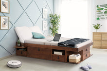 Modern bedroom decoration: Storage Bed Bali - Double bed frame with drawers and shelves, ideal for small bedrooms - Sturdy storage platform bed of solid pine wood